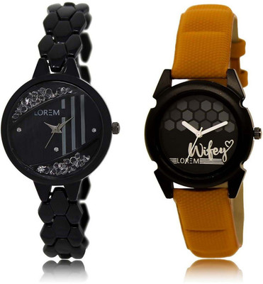 

LOREM SR-221-235 Attractive Black Round Girl's Leather & Metal Bracelet Watch - For Women