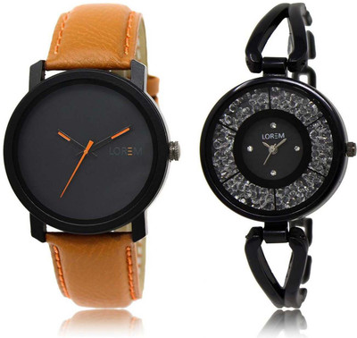 

LOREM OM-20-211 Designer Black Round Boy's & Girl's Metal Bracelet & Leather Watch - For Men & Women