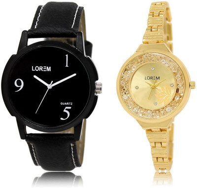 

LOREM Watch-6-224 COMBO Gold & Black Round Boy's & Girl's Metal Bracelet & Leather Watch - For Men & Women