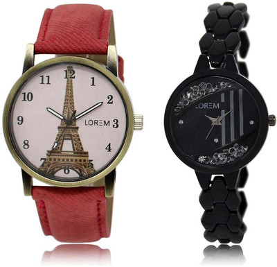

LOREM SR-221-230 Attractive Black & Pink Round Girl's Metal Bracelet & Leather Watch - For Women