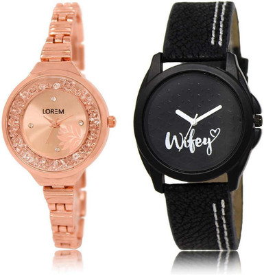 

LOREM 225-234 Attractive Black & Rose Gold Round Girl's Leather & Metal Bracelet Watch - For Women