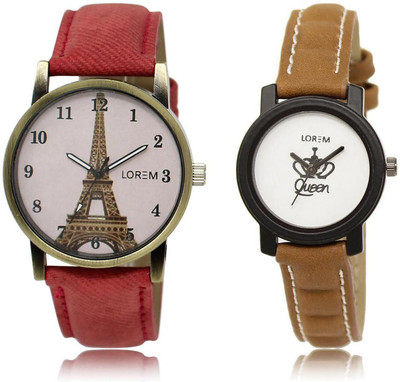 

LOREM 16-219 COMBO White & Pink Round Girl's Leather Watch - For Women