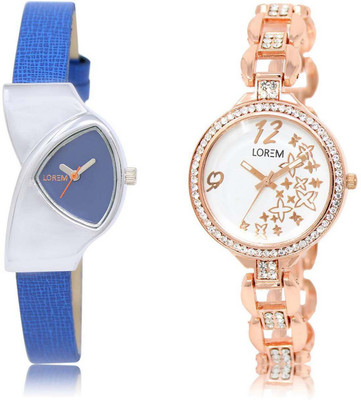 

LOREM OM-208-210 Designer White & Blue Round & Triangle Girl's Metal Bracelet & Leather Watch - For Women