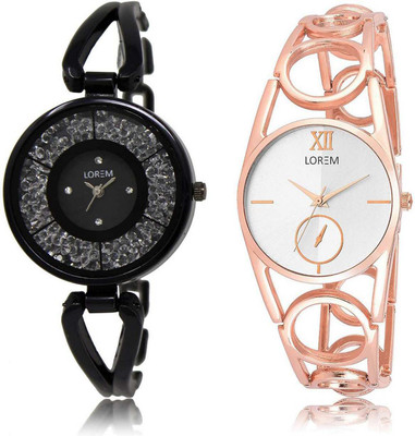 

LOREM SR-211-213 Attractive Silver & Black Round Girl's Metal Bracelet Watch - For Women