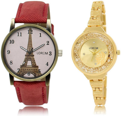 

LOREM Watch-224-230 COMBO Gold & Pink Round Girl's Metal Bracelet & Leather Watch - For Women