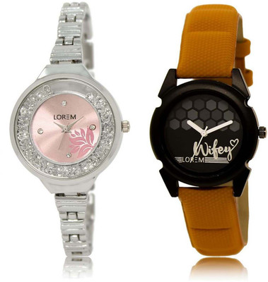 

LOREM SR-226-235 Attractive Black & Pink Round Girl's Leather & Metal Bracelet Watch - For Women