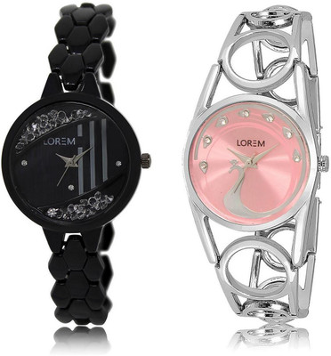 

LOREM Watch-221-233 COMBO Pink & Black Round Girl's Metal Bracelet Watch - For Women