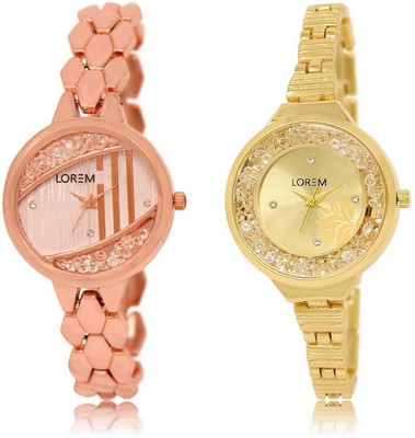 LOREM SR-222-224 Attractive Gold & Rose Gold Round Girl's Metal Bracelet Watch - For Women