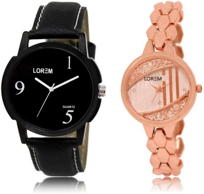 

LOREM WATCH6-222 COMBO Rose Gold & Black Round Boy's & Girl's Metal Bracelet & Leather Watch - For Men & Women