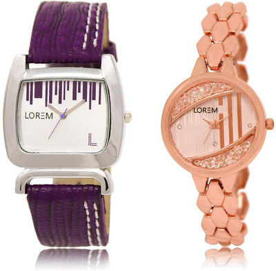 

LOREM watch 207-222 Designer Rose Gold & White Round & Square Girl's Metal Bracelet & Leather Watch - For Women