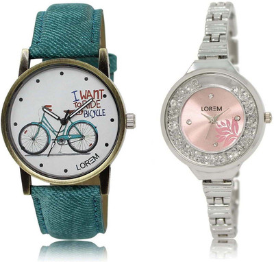 

LOREM watch-226-229 Designer Pink & White Round Girl's Metal Bracelet & Leather Watch - For Women