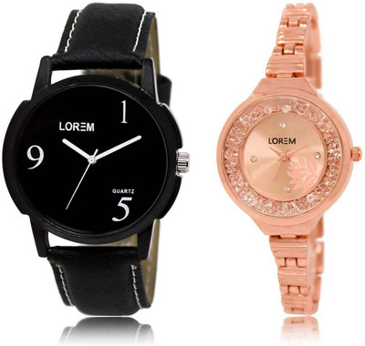 

LOREM OM-6-225 Designer Rose Gold & Black Round Boy's & Girl's Metal Bracelet & Leather Watch - For Men & Women