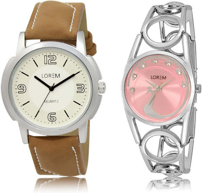 

LOREM Watch-16-233 Designer Pink & White Round Boy's & Girl's Metal Bracelet & Leather Watch - For Men & Women