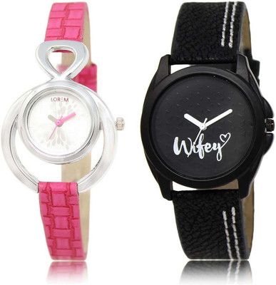 

LOREM OM-205-234 Designer Black & Silver Round Girl's Leather Watch - For Women