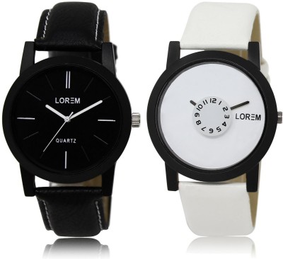 LOREM White & Black Round Boy's Leather Analog Watch  - For Men