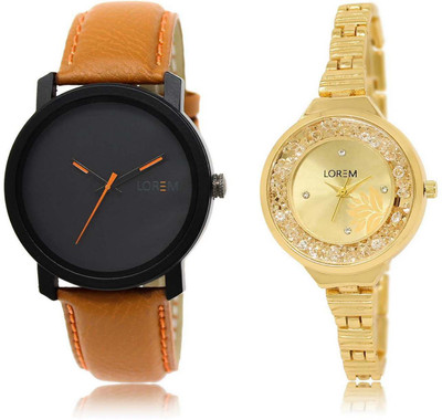 LOREM watch Gold & Black Round Boy's & Girl's Metal Bracelet & Leather Watch - For Men & Women