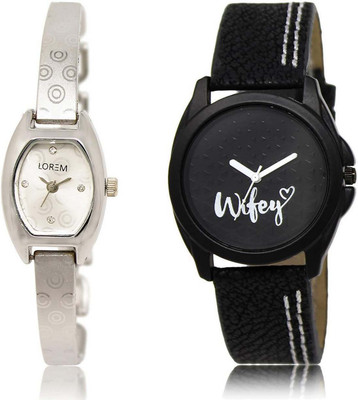 

LOREM SR-219-234 Attractive Black & Silver Round & Contemporary Girl's Leather & Metal Bracelet Watch - For Women