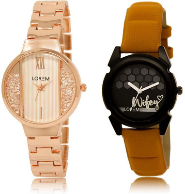 LOREM OM-217-235 Designer Black & White Round Girl's Leather & Metal Bracelet Watch - For Women