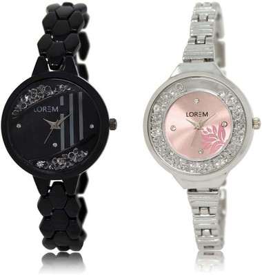 

LOREM SR-221-226 Attractive Pink & Black Round Girl's Metal Bracelet Watch - For Women