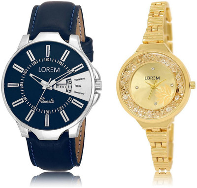 

LOREM 23-224 COMBO Gold & Blue Round Boy's & Girl's Metal Bracelet & Leather Watch - For Men & Women