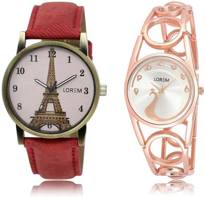 

LOREM OM-230-232 Designer Silver & Pink Round Girl's Metal Bracelet & Leather Watch - For Women