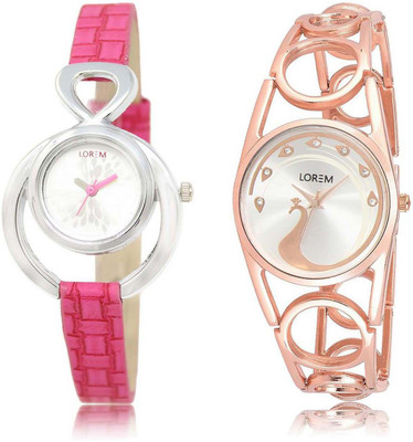 

LOREM SR-205-232 Attractive White Round Girl's Metal Bracelet & Leather Watch - For Women