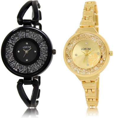 

LOREM watch211-224 Designer Gold & Black Round Girl's Metal Bracelet Watch - For Women