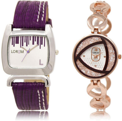 

LOREM 16-219 COMBO Silver & White Round & Square Girl's Metal Bracelet & Leather Watch - For Women