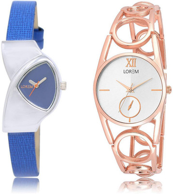 

LOREM FZ-208-213 COMBO Silver & Blue Round & Triangle Girl's Metal Bracelet & Leather Watch - For Women