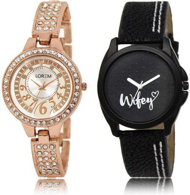 

LOREM OM-216-234 Designer Black & Silver Round Girl's Leather & Metal Bracelet Watch - For Women