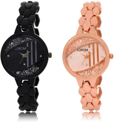 

LOREM Watch-221-222 Designer Rose Gold & Black Round Girl's Metal Bracelet Watch - For Women