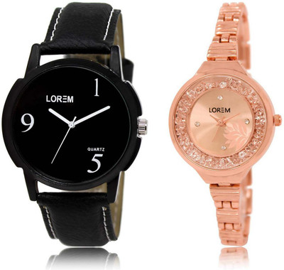 

LOREM SR-6-225 Attractive Rose Gold & Black Round Boy's & Girl's Metal Bracelet & Leather Watch - For Men & Women