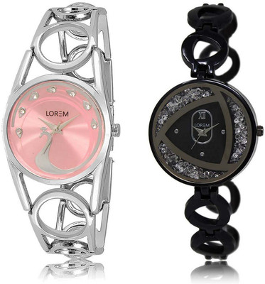 

LOREM SR-233-237 Attractive Silver & Pink Round Girl's Metal Bracelet Watch - For Women