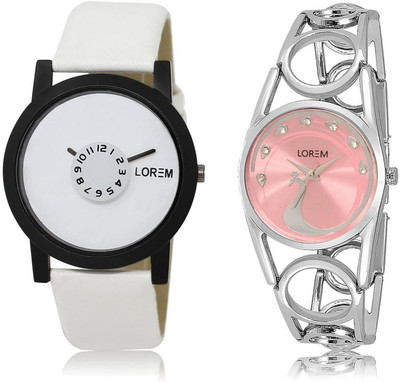 

LOREM watch-26-233 COMBO Pink & White Round Boy's & Girl's Metal Bracelet & Leather Watch - For Men & Women