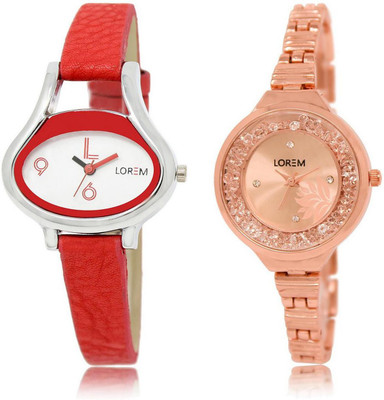 

LOREM FZ-206-225 COMBO Rose Gold & White Round & Oval Girl's Metal Bracelet & Leather Watch - For Women
