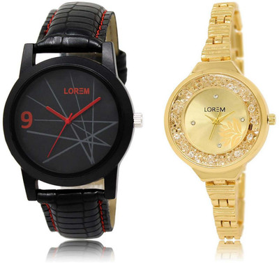 

LOREM SR-8-224 Attractive Gold & Black Round Boy's & Girl's Metal Bracelet & Leather Watch - For Men & Women