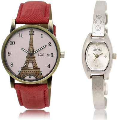

LOREM watch219-230 Attractive Silver & Pink Contemporary & Round Girl's Metal Bracelet & Leather Watch - For Women