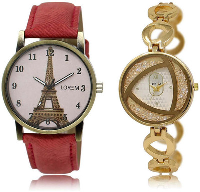 

LOREM SR-230-239 Attractive Silver & Pink Round Girl's Metal Bracelet & Leather Watch - For Women