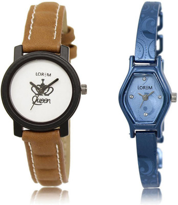 

LOREM watch-209-218 COMBO Blue & White Contemporary & Round Girl's Metal Bracelet & Leather Watch - For Women