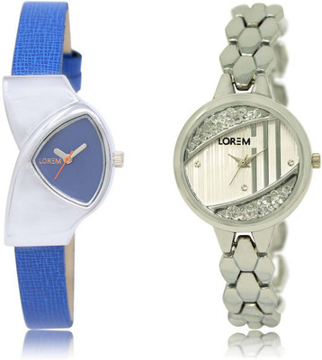 

LOREM SR-208-223 Attractive Silver & Blue Round & Triangle Girl's Metal Bracelet & Leather Watch - For Women
