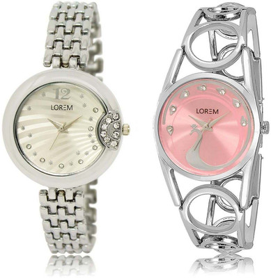 

LOREM SR-227-233 Attractive Pink & Silver Round Girl's Metal Bracelet Watch - For Women