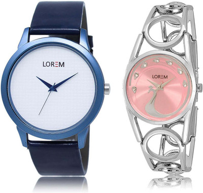 

LOREM watch33-233 Attractive Pink & White Round Boy's & Girl's Metal Bracelet & Leather Watch - For Men & Women