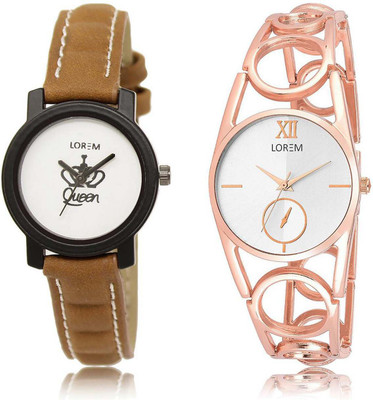 

LOREM SR-209-213 Attractive Silver & White Round Girl's Metal Bracelet & Leather Watch - For Women