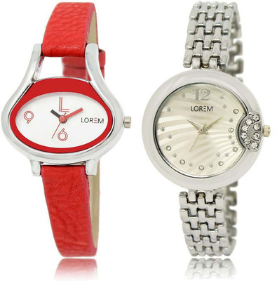 

LOREM SR-206-227 Attractive Silver & White Round & Oval Girl's Metal Bracelet & Leather Watch - For Women