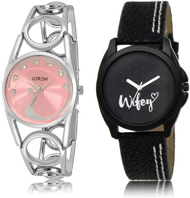 

LOREM SR-233-234 Attractive Black & Pink Round Girl's Leather & Metal Bracelet Watch - For Women