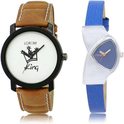 LOREM OM-18-208 Designer Blue & White Triangle & Round Boy's & Girl's Leather Watch - For Men & Women