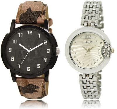 

LOREM FZ-3-227 COMBO Silver & Black Round Boy's & Girl's Metal Bracelet & Leather Watch - For Men & Women