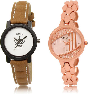 LOREM FZ-209-222 COMBO Rose Gold & White Round Girl's Metal Bracelet & Leather Watch - For Women