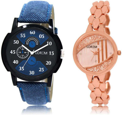

LOREM SR-2-222 Attractive Rose Gold & Black Round Boy's & Girl's Metal Bracelet & Leather Watch - For Men & Women
