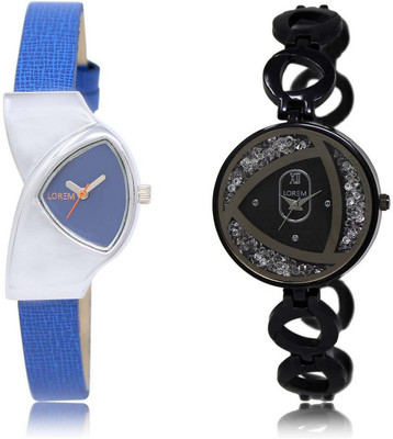 

LOREM OM-208-237 Designer Silver & Blue Round & Triangle Girl's Metal Bracelet & Leather Watch - For Women
